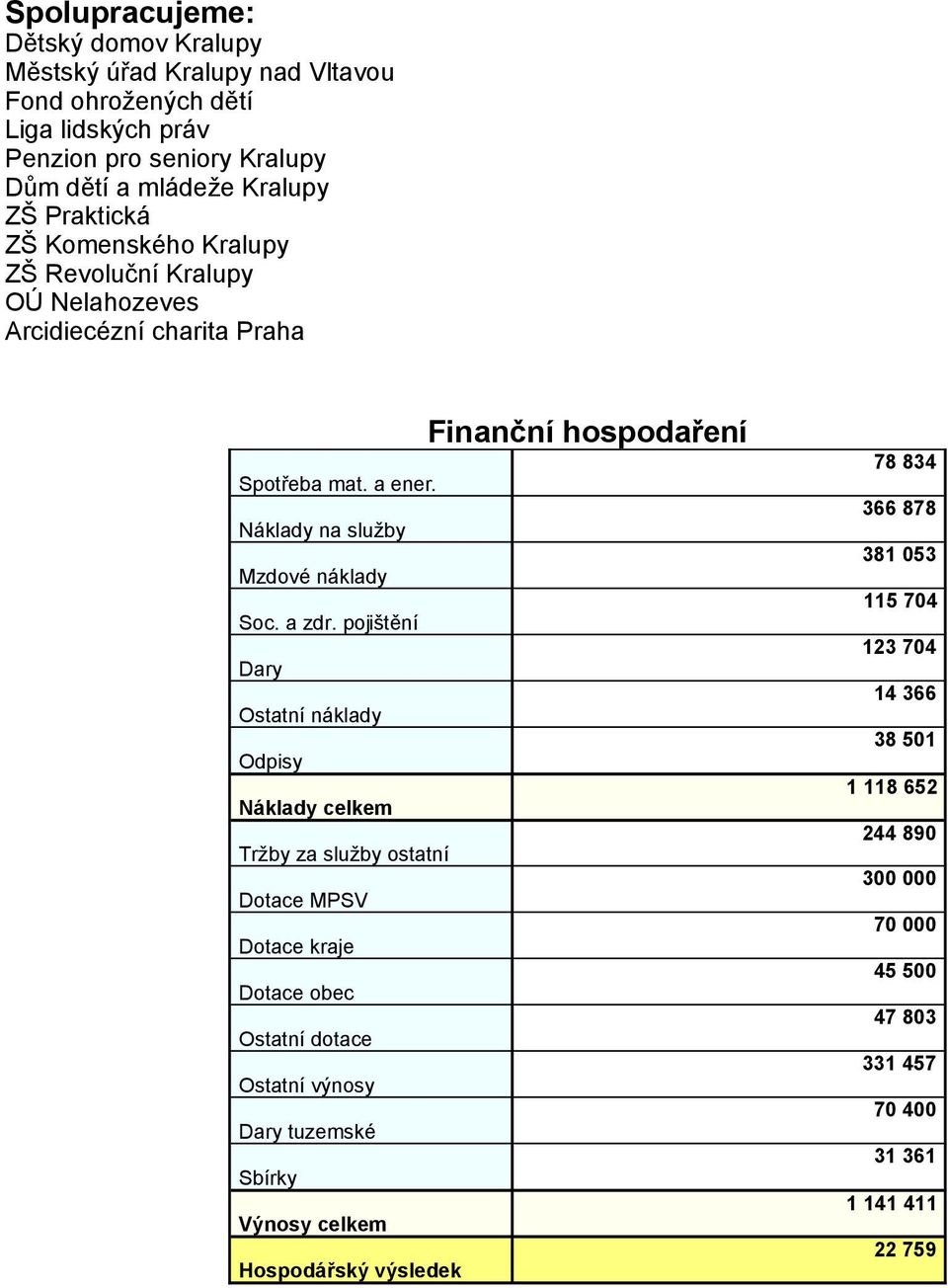 pojištění Dary Ostatní náklady Odpisy Náklady celkem Tržby za služby ostatní Dotace MPSV Dotace kraje Dotace obec Ostatní dotace Ostatní výnosy Dary tuzemské Sbírky Výnosy