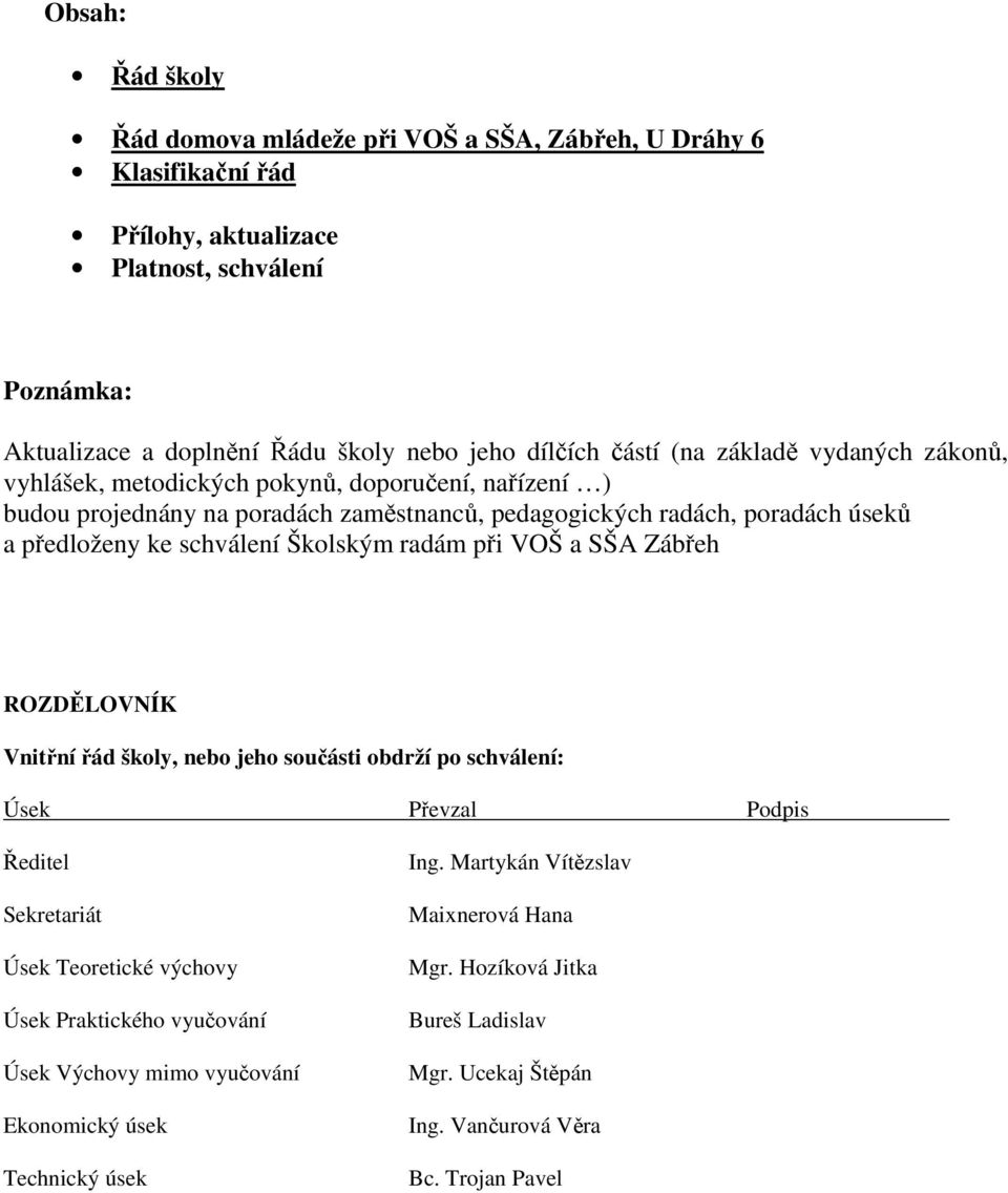 Školským radám při VOŠ a SŠA Zábřeh ROZDĚLOVNÍK Vnitřní řád školy, nebo jeho součásti obdrží po schválení: Úsek Převzal Podpis Ředitel Sekretariát Úsek Teoretické výchovy Úsek Praktického