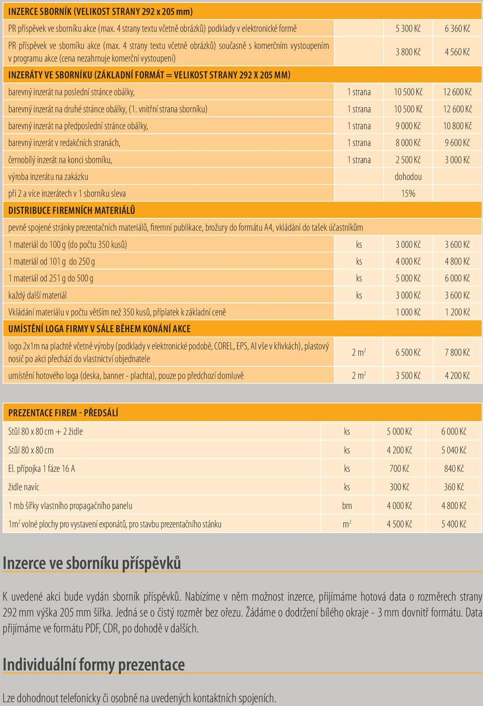 205 MM) barevný inzerát na poslední stránce obálky, 1 strana 10 500 Kč 12 600 Kč barevný inzerát na druhé stránce obálky, (1.