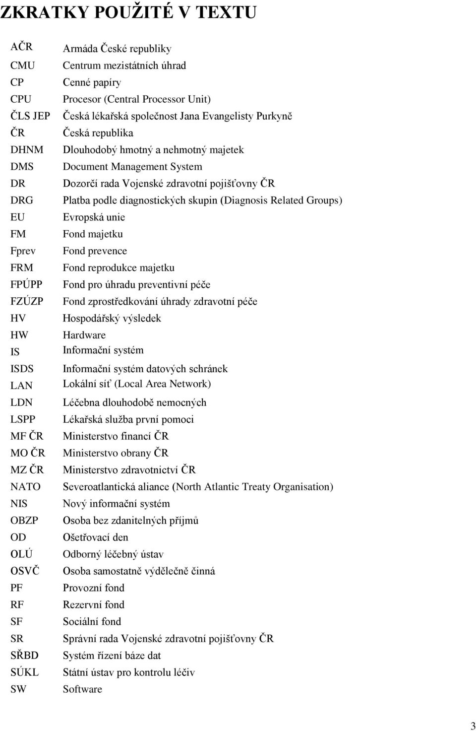 Document Management System Dozorčí rada Vojenské zdravotní pojišťovny ČR Platba podle diagnostických skupin (Diagnosis Related Groups) Evropská unie Fond majetku Fond prevence Fond reprodukce majetku