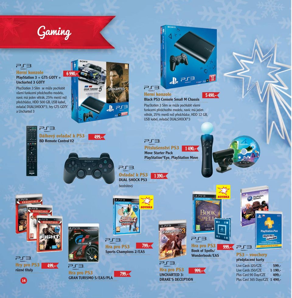 větrák, 25% menší než předchůdce, HDD 12 GB, USB kabel, ovladač DUALSHOCK 3 5 490, Dálkový ovladač k PS3 BD Remote Control V2 499, Příslušenství PS3 1 490, Move Starter Pack PlayStation Eye,