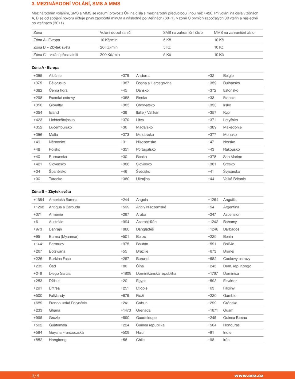 Zóna Volání do zahraničí SMS na zahraniční číslo MMS na zahraniční číslo Zóna A - Evropa 10 Kč/min 5 Kč 10 Kč Zóna B Zbytek světa 20 Kč/min 5 Kč 10 Kč Zóna C volání přes satelit 200 Kč/min 5 Kč 10 Kč