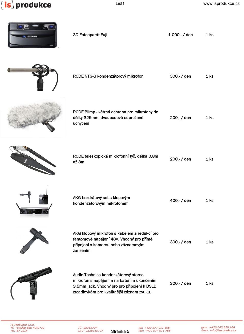 1 ks RODE teleskopická mikrofonní tyč, délka 0,8m až 3m 200,- / den 1 ks AKG bezdrátový set s klopovým kondenzátorovým mikrofonem 400,- / den 1 ks AKG klopový mikrofon s