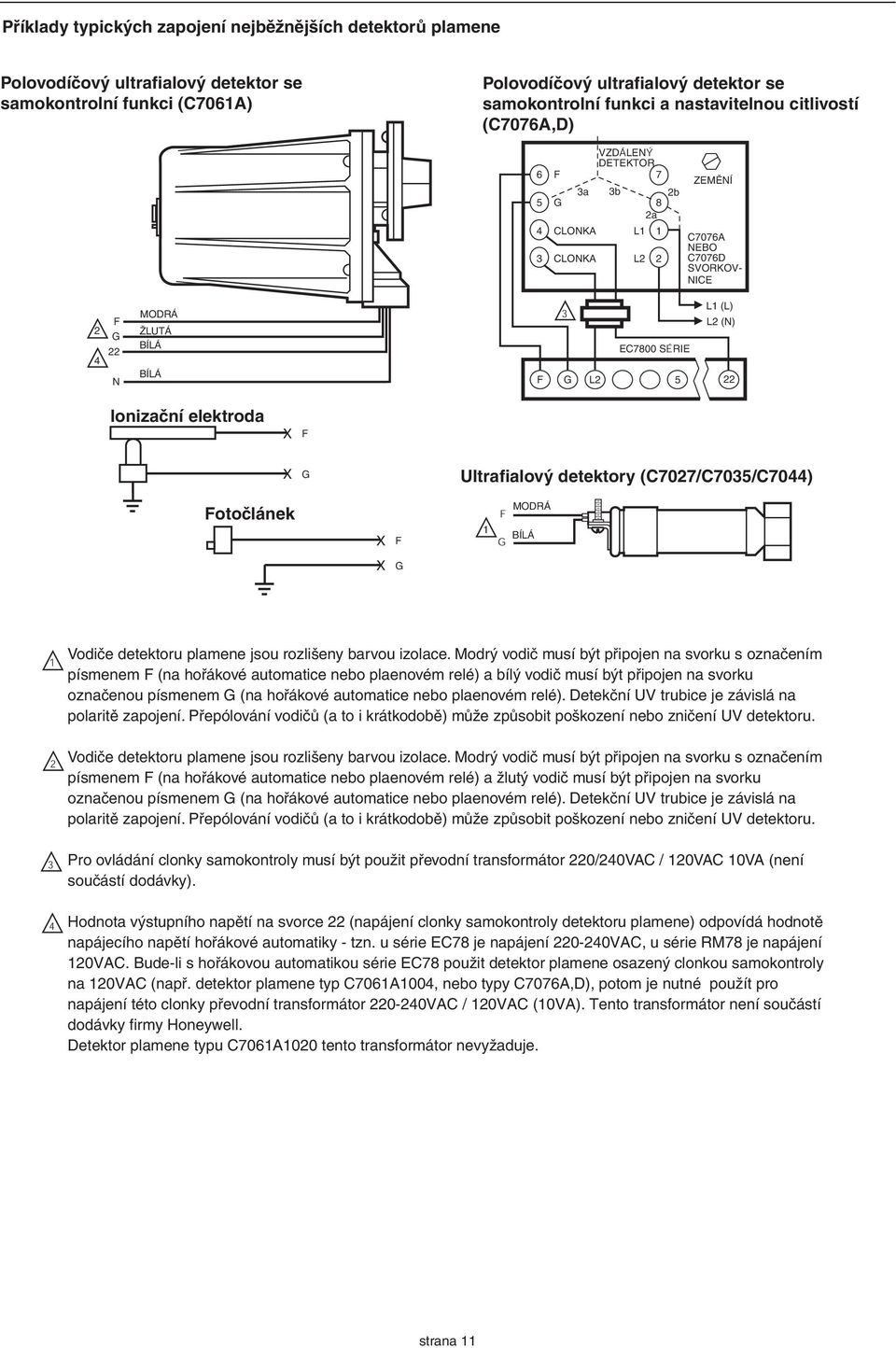 Ionizační elektroda X X Ultrafialový detektory (C707/C7035/C7044) otočlánek X MODRÁ BÍLÁ X Vodiče detektoru plamene jsou rozlišeny barvou izolace.