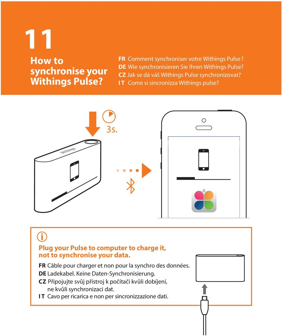 IT Come si sincronizza Withings pulse? 3s. Plug your Pulse to computer to charge it, not to synchronise your data.