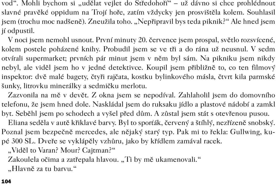 Probudil jsem se ve tøi a do rána už neusnul. V sedm otvírali supermarket; prvních pár minut jsem v nìm byl sám. Na pikniku jsem nikdy nebyl, ale vidìl jsem ho v jedné detektivce.