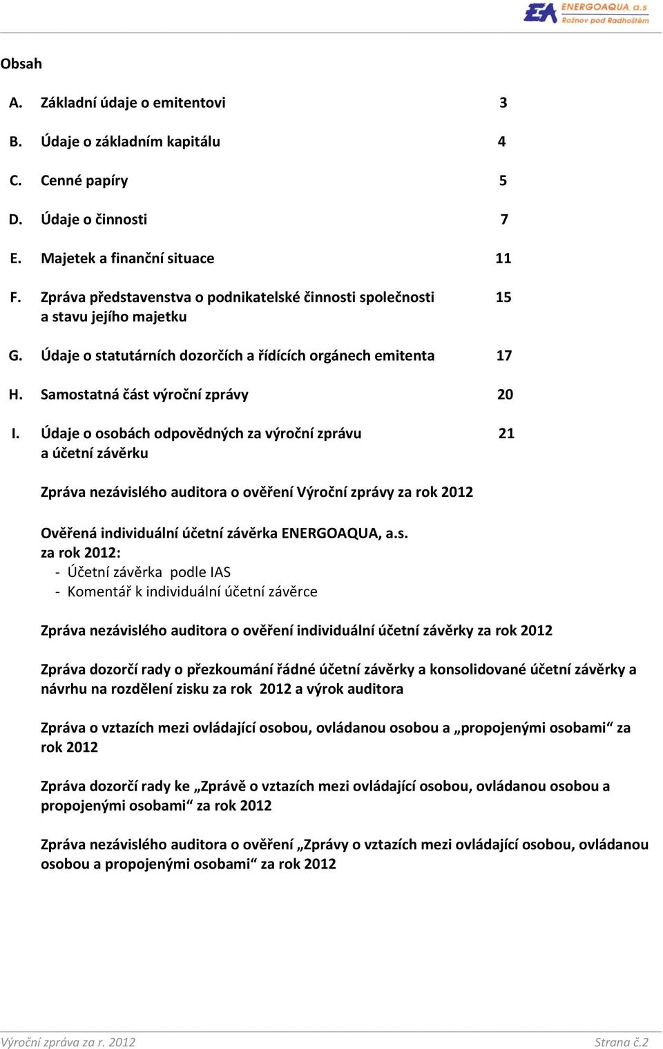 Samostatná část výroční zprávy 20 Údaje o osobách odpovědných za výroční zprávu 21 a účetní závěrku Zpráva nezávislého auditora o ověření Výroční zprávy za rok 2012 Ověřená individuální účetní