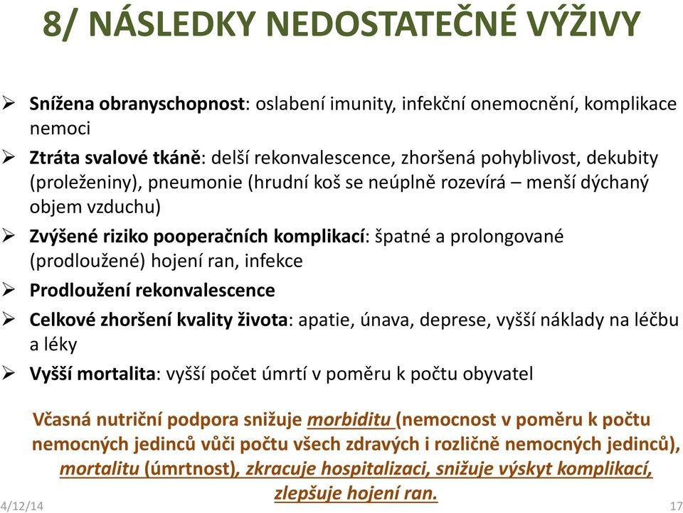 rekonvalescence Celkové zhoršení kvality života: apatie, únava, deprese, vyšší náklady na léčbu a léky Vyšší mortalita: vyšší počet úmrtí v poměru k počtu obyvatel Včasná nutriční podpora snižuje