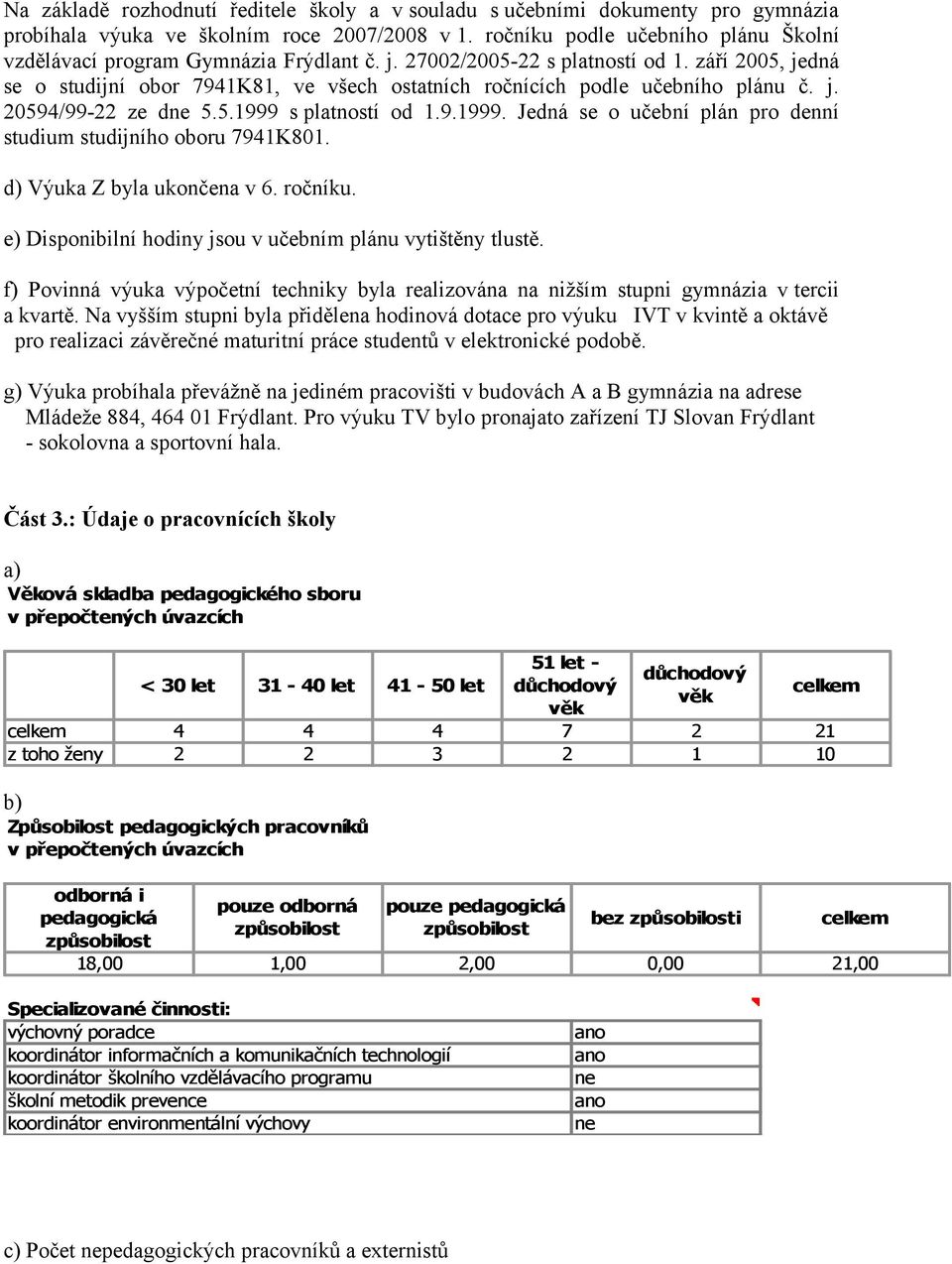 září 2005, jedná se o studijní obor 7941K81, ve všech ostatních ročnících podle učebního plánu č. j. 20594/99-22 ze dne 5.5.1999 s platností od 1.9.1999. Jedná se o učební plán pro denní studium studijního oboru 7941K801.