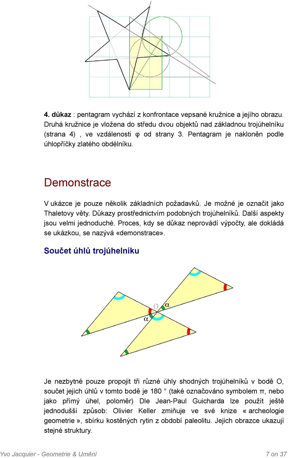 Důkazy prostřednictvím podobných trojúhelníků. Další aspekty jsou velmi jednoduché. Proces, kdy se důkaz neprovádí výpočty, ale dokládá se ukázkou, se nazývá «demonstrace».