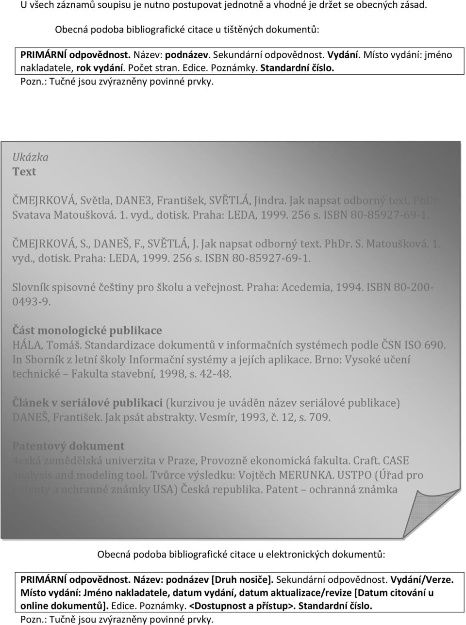 Ukázka Text ČMEJRKOVÁ, Světla, DANE3, František, SVĚTLÁ, Jindra. Jak napsat odborný text. PhDr. Svatava Matoušková. 1. vyd., dotisk. Praha: LEDA, 1999. 256 s. ISBN 80 85927 69 1. ČMEJRKOVÁ, S., DANEŠ, F.