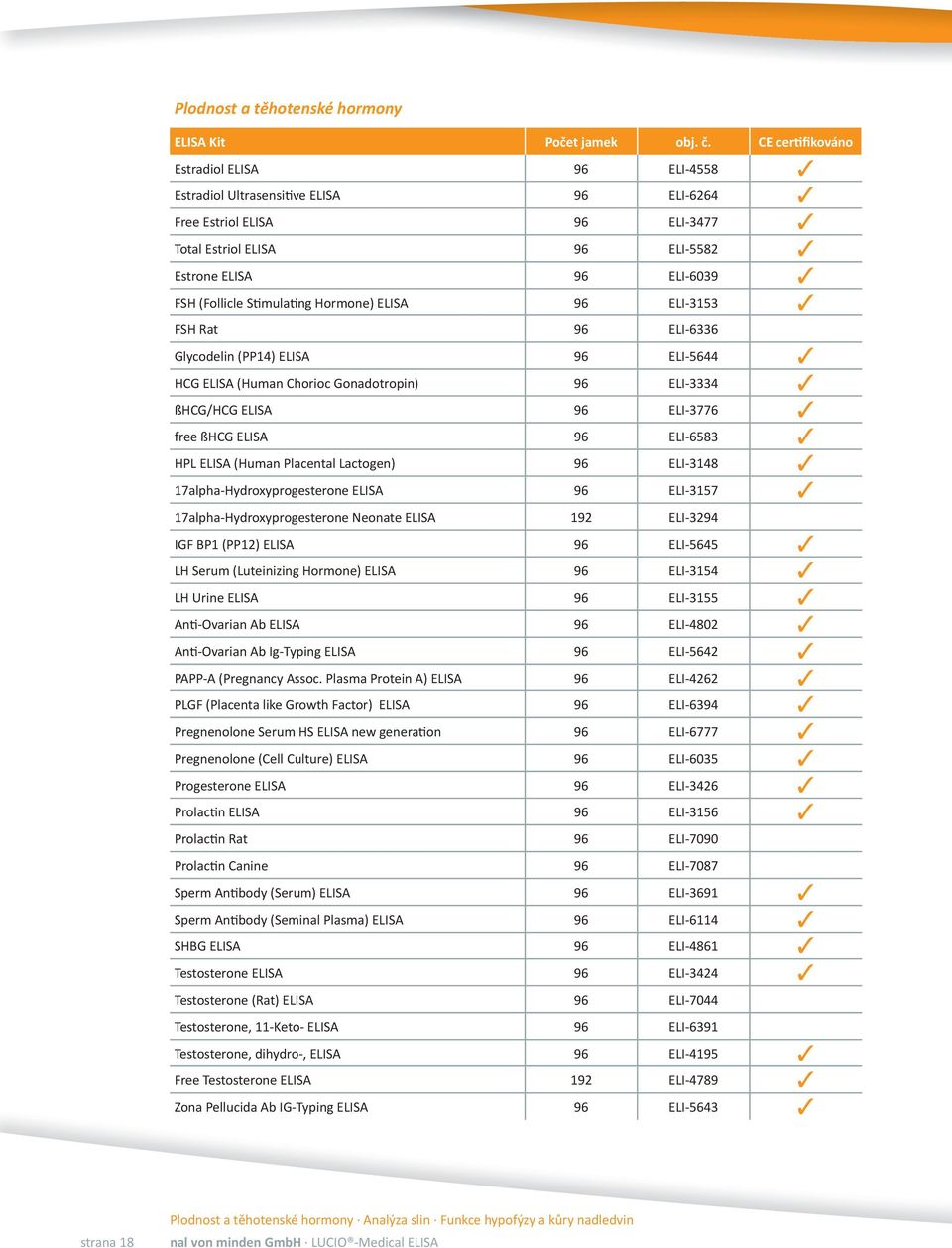 Stimulating Hormone) ELISA 96 ELI-3153 FSH Rat 96 ELI-6336 Glycodelin (PP14) ELISA 96 ELI-5644 HCG ELISA (Human Chorioc Gonadotropin) 96 ELI-3334 ßHCG/HCG ELISA 96 ELI-3776 free ßHCG ELISA 96