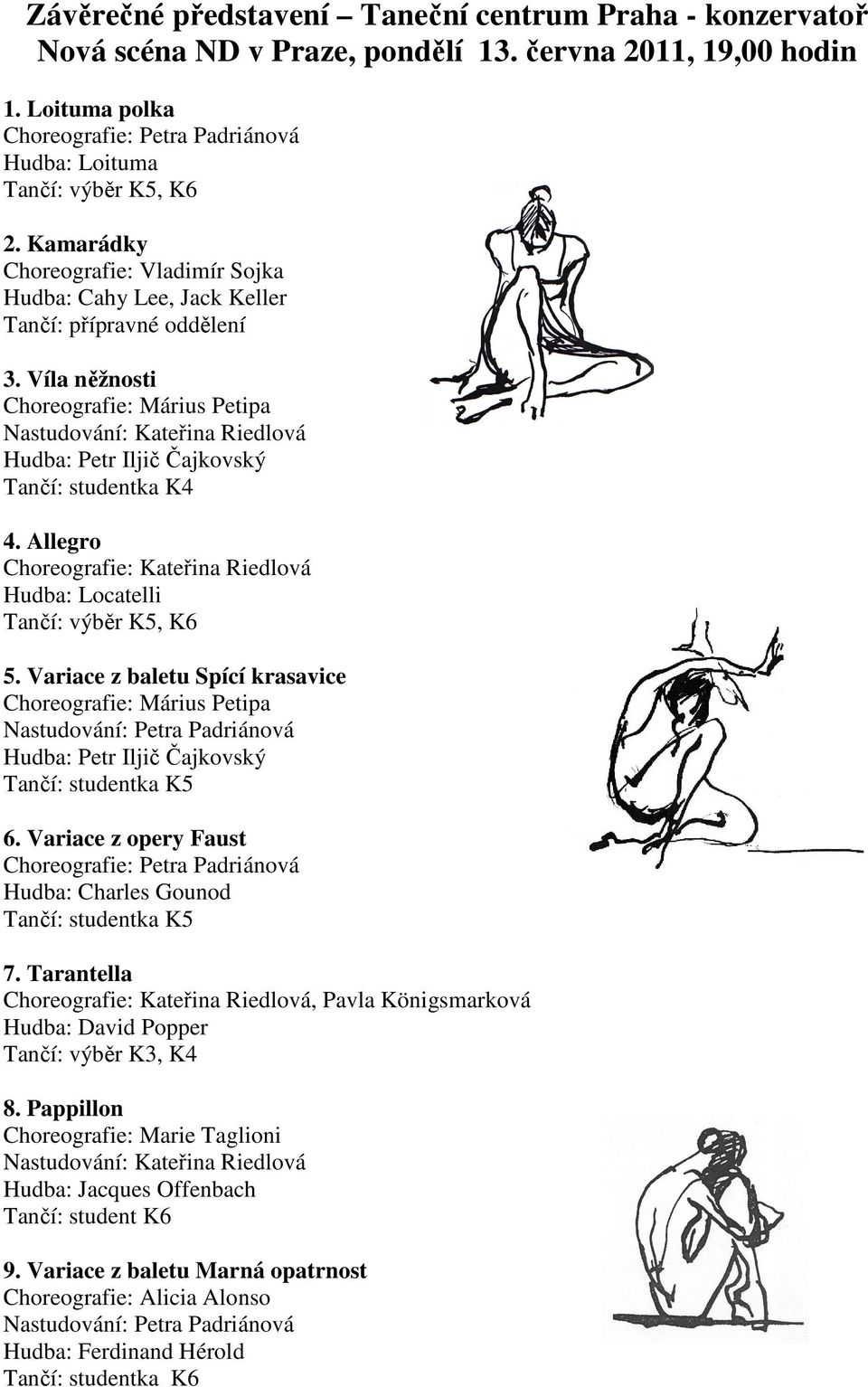 Víla něžnosti Choreografie: Márius Petipa Nastudování: Kateřina Riedlová Hudba: Petr Iljič Čajkovský Tančí: studentka K4 4. Allegro Choreografie: Kateřina Riedlová Hudba: Locatelli 5.