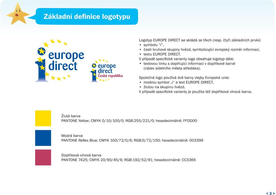 Česká republika Společné logo používá dvě barvy vlajky Evropské unie: modrou symbol i a text EUROPE DIRECT, žlutou na skupinu hvězd.