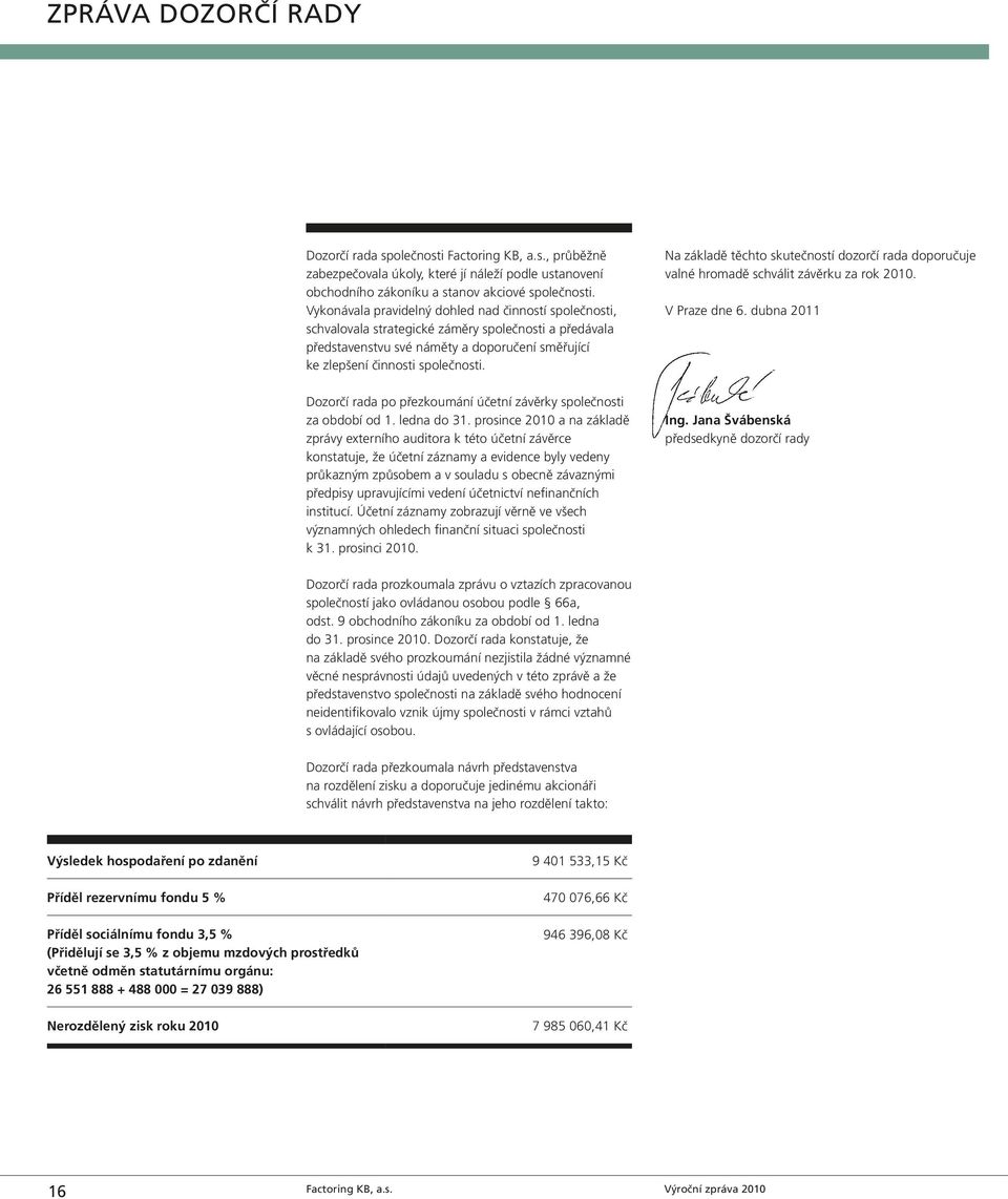 Na základě těchto skutečností dozorčí rada doporučuje valné hromadě schválit závěrku za rok 2010. V Praze dne 6. dubna 2011 Dozorčí rada po přezkoumání účetní závěrky společnosti za období od 1.