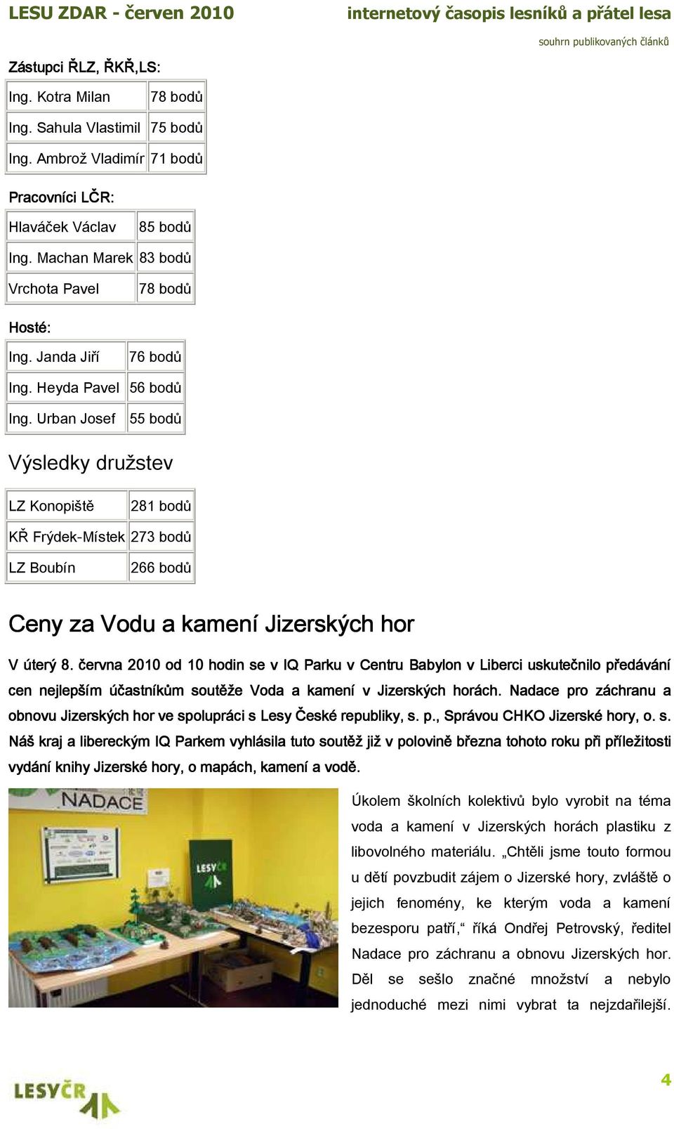 Urban Josef 55 bodů Výsledky družstev LZ Konopiště 281 bodů KŘ Frýdek-Místek 273 bodů LZ Boubín 266 bodů Ceny za Vodu a kamení Jizerských hor V úterý 8.