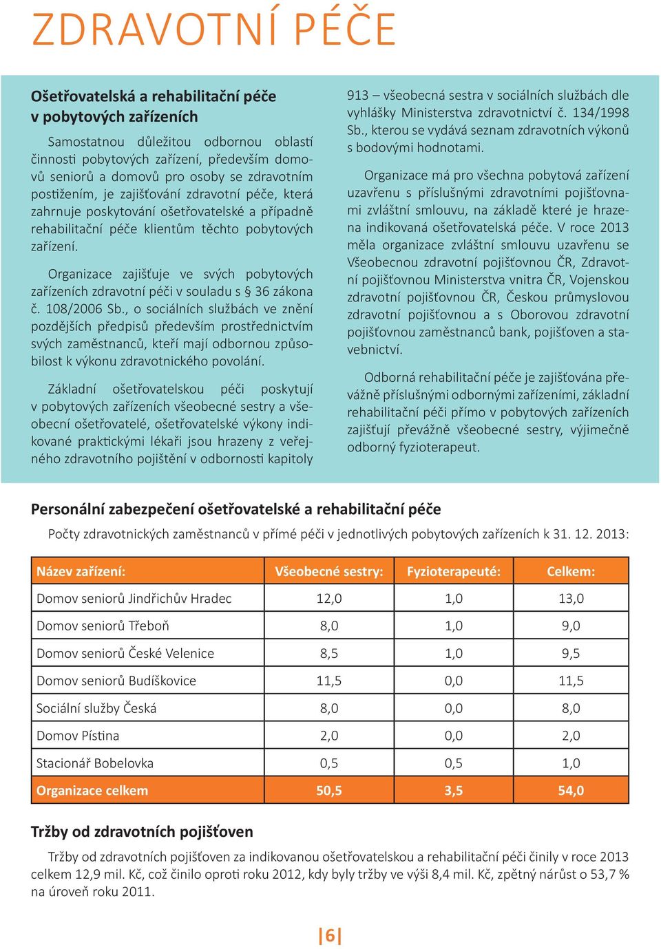 Organizace zajišťuje ve svých pobytových zařízeních zdravotní péči v souladu s 36 zákona č. 108/2006 Sb.