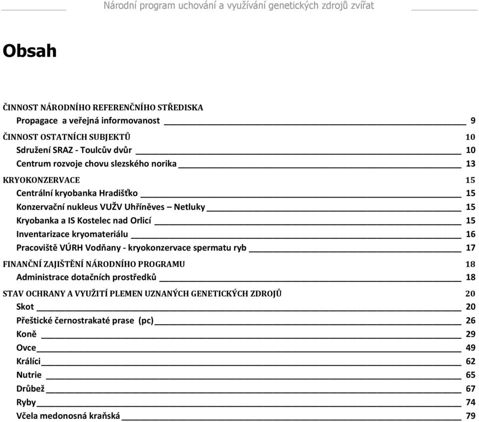 kryomateriálu 16 Pracoviště VÚRH Vodňany - kryokonzervace spermatu ryb 17 FINANČNÍ ZAJIŠTĚNÍ NÁRODNÍHO PROGRAMU 18 Administrace dotačních prostředků 18 STAV OCHRANY A