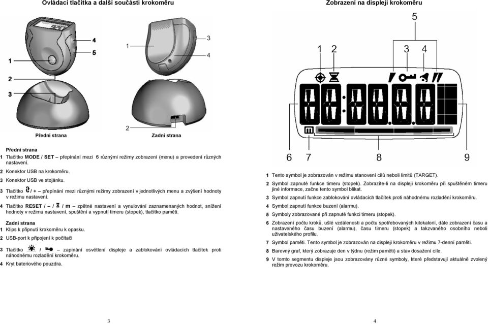 4 Tlačítko RESET / / / m zpětné nastavení a vynulování zaznamenaných hodnot, snížení hodnoty v režimu nastavení, spuštění a vypnutí timeru (stopek), tlačítko paměti.