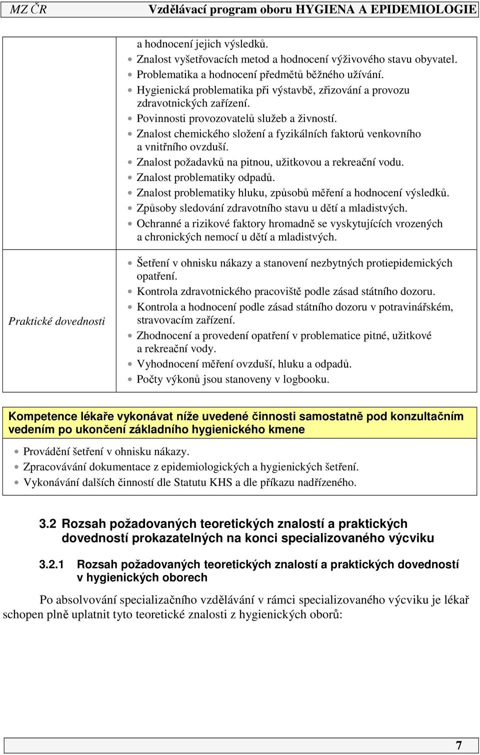 Znalost chemického složení a fyzikálních faktorů venkovního a vnitřního ovzduší. Znalost požadavků na pitnou, užitkovou a rekreační vodu. Znalost problematiky odpadů.