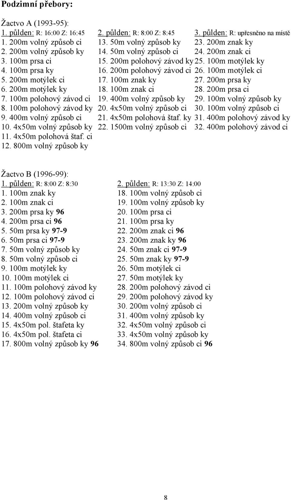 200m motýlek ci 17. 100m znak ky 27. 200m prsa ky 6. 200m motýlek ky 18. 100m znak ci 28. 200m prsa ci 7. 100m polohový závod ci 19. 400m volný způsob ky 29. 100m volný způsob ky 8.