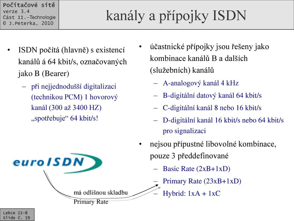 účastnické přípojky jsou řešeny jako kombinace kanálů B a dalších (služebních) kanálů A-analogový kanál 4 khz B-digitální datový kanál 64 kbit/s