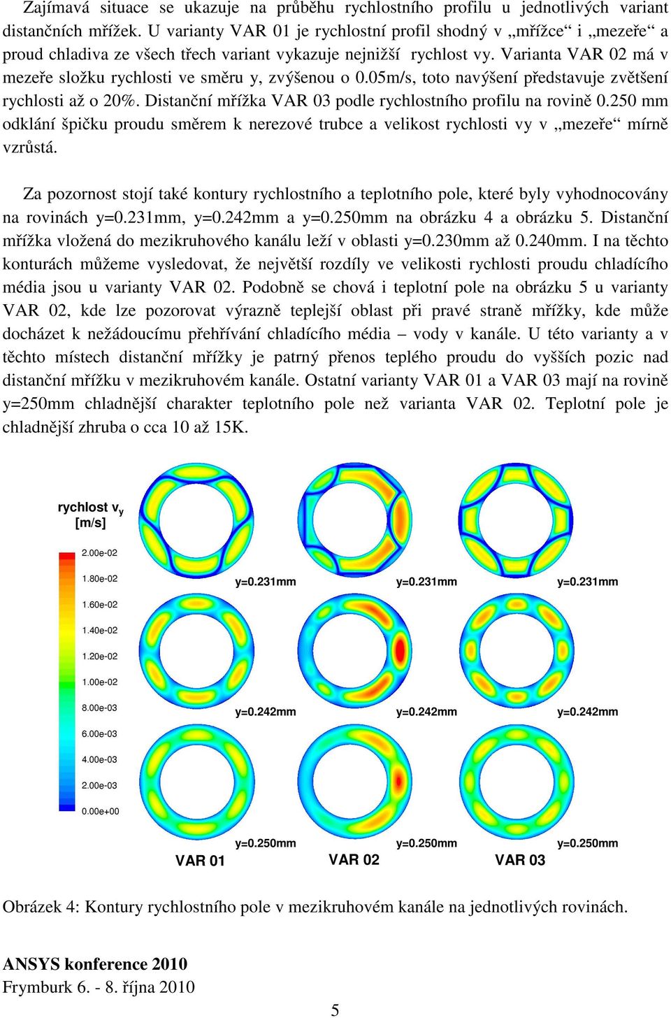 Varianta VAR 02 má v mezeře složku rychlosti ve směru y, zvýšenou o 0.05m/s, toto navýšení představuje zvětšení rychlosti až o 20%. Distanční mřížka VAR 03 podle rychlostního profilu na rovině 0.