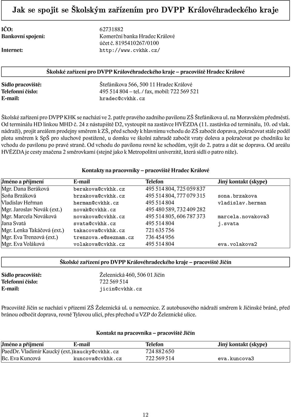 / fax, mobil: 722 569 521 E-mail: hradec@cvkhk.cz Školské zařízení pro DVPP KHK se nachází ve 2. patře pravého zadního pavilonu ZŠ Štefánikova ul. na Moravském předměstí. Od terminálu HD linkou MHD č.