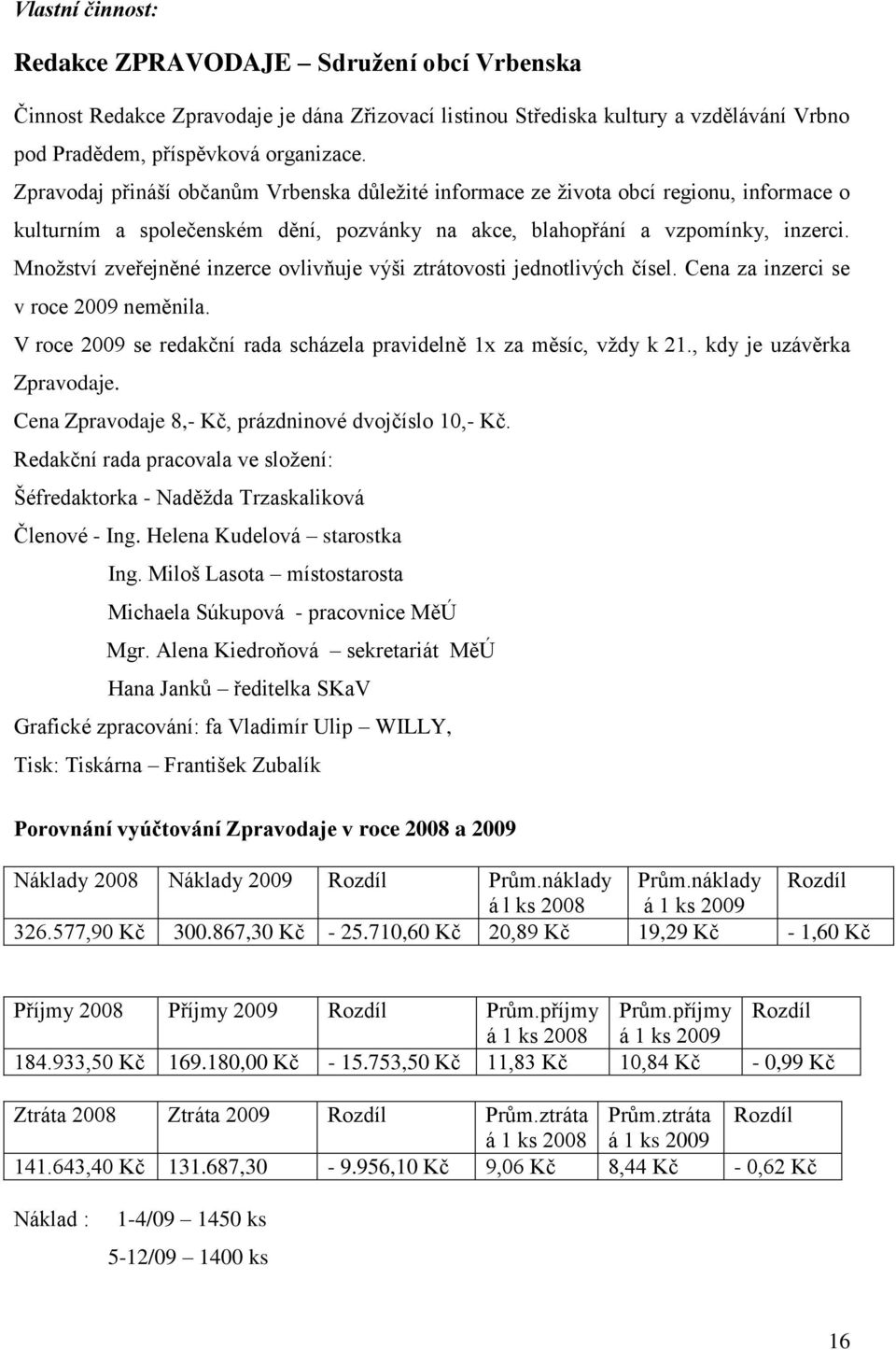 Mnoţství zveřejněné inzerce ovlivňuje výši ztrátovosti jednotlivých čísel. Cena za inzerci se v roce 2009 neměnila. V roce 2009 se redakční rada scházela pravidelně 1x za měsíc, vţdy k 21.