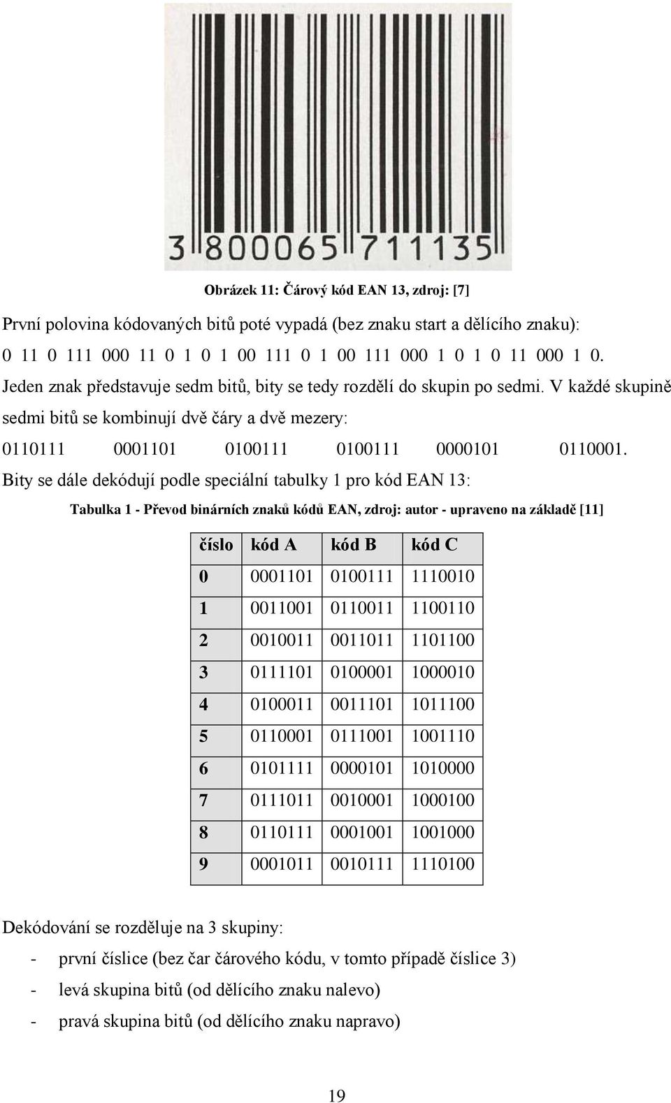 Bity se dále dekódují podle speciální tabulky 1 pro kód EAN 13: Tabulka 1 - Převod binárních znaků kódů EAN, zdroj: autor - upraveno na základě [11] číslo kód A kód B kód C 0 0001101 0100111 1110010