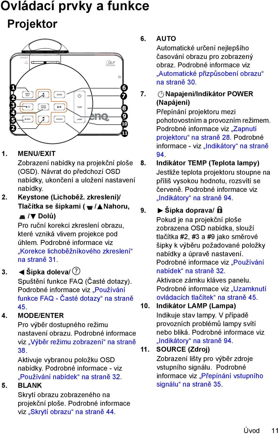 3. Šipka doleva/ Spuštění funkce FAQ (Časté dotazy). Podrobné informace viz Používání funkce FAQ - Časté dotazy na straně 45. 4. MODE/ENTER Pro výběr dostupného režimu nastavení obrazu.