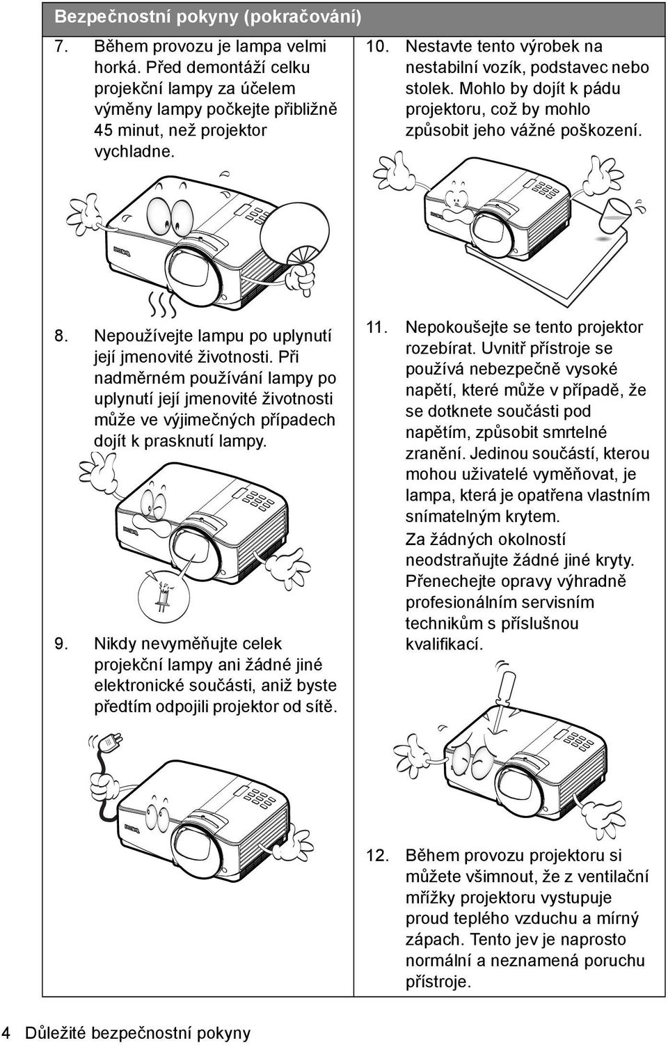 Nepoužívejte lampu po uplynutí její jmenovité životnosti. Při nadměrném používání lampy po uplynutí její jmenovité životnosti může ve výjimečných případech dojít k prasknutí lampy. 9.