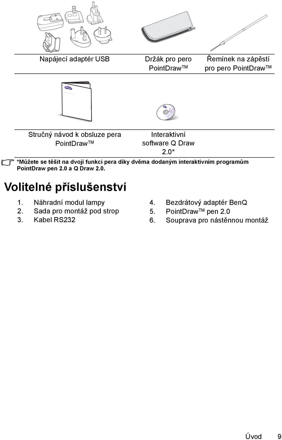 0* *Můžete se těšit na dvojí funkci pera díky dvěma dodaným interaktivním programům PointDraw pen 2.0 a Q Draw 2.0. Volitelné příslušenství 1.