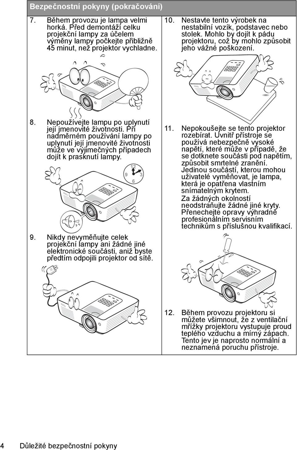 Nepoužívejte lampu po uplynutí její jmenovité životnosti. Při nadměrném používání lampy po uplynutí její jmenovité životnosti může ve výjimečných případech dojít k prasknutí lampy. 9.
