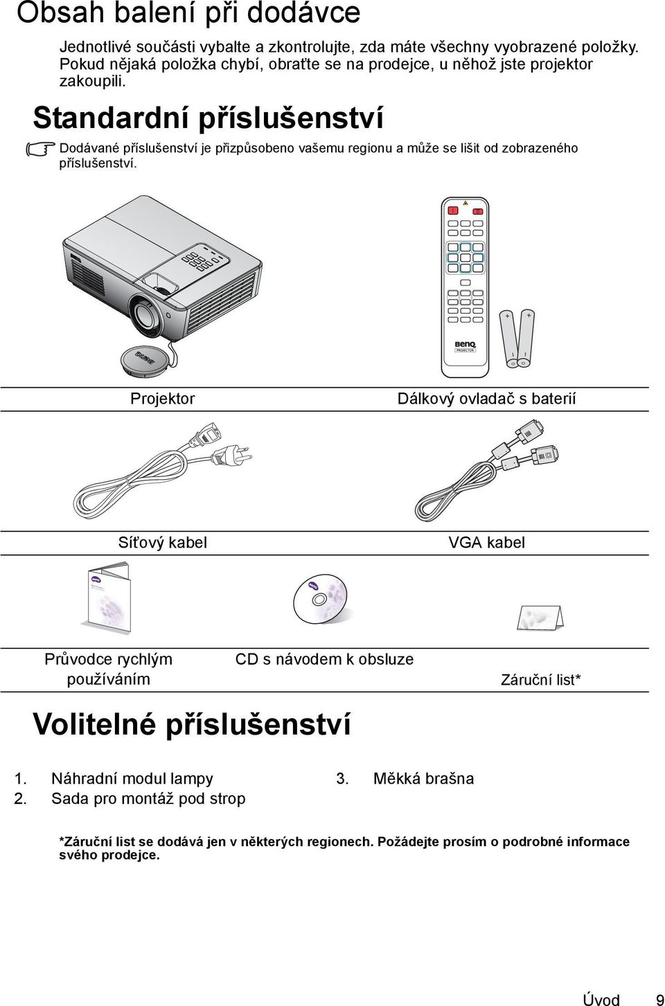 Standardní příslušenství Dodávané příslušenství je přizpůsobeno vašemu regionu a může se lišit od zobrazeného příslušenství.