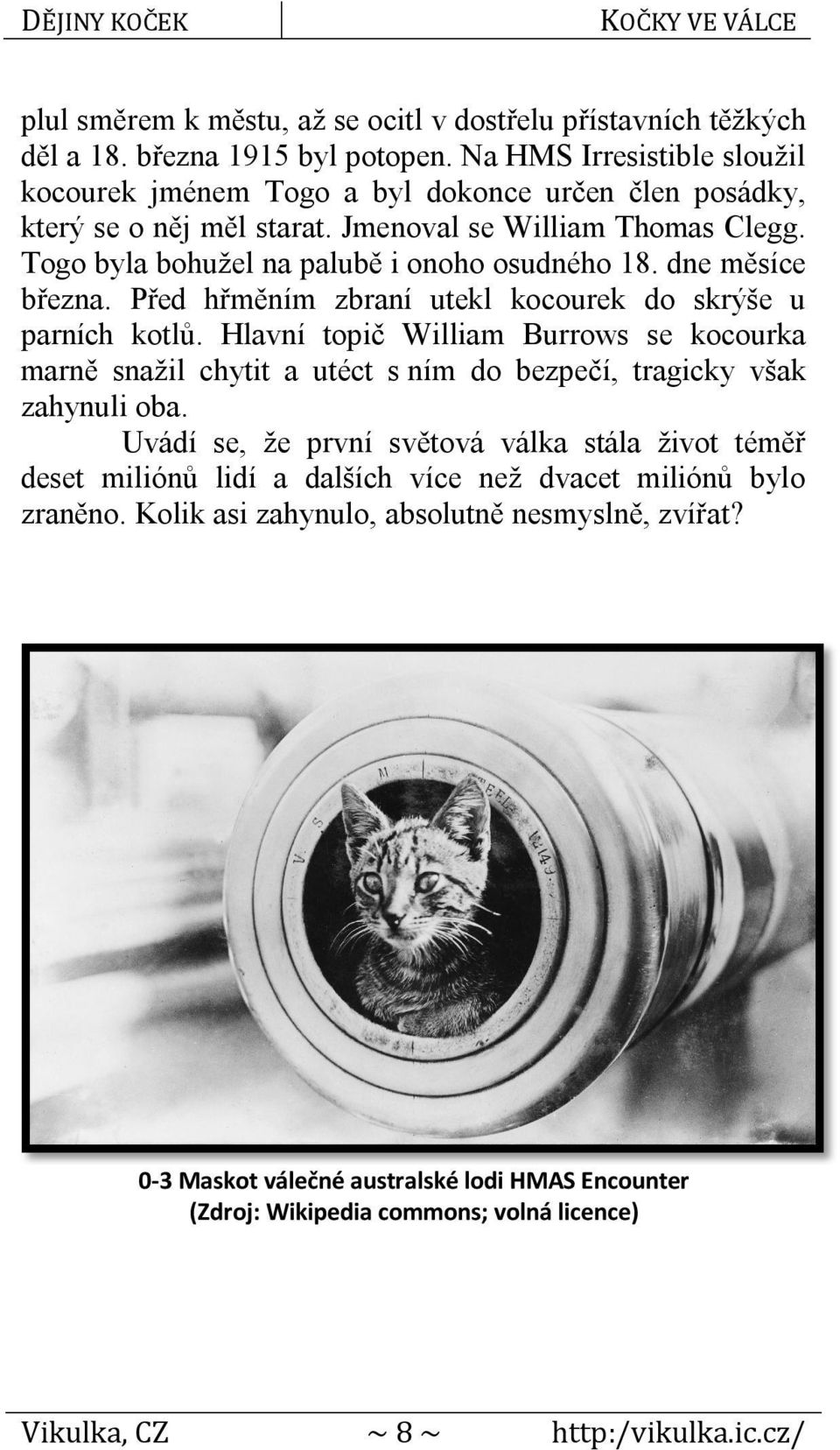 dne měsíce března. Před hřměním zbraní utekl kocourek do skrýše u parních kotlů. Hlavní topič William Burrows se kocourka marně snažil chytit a utéct s ním do bezpečí, tragicky však zahynuli oba.