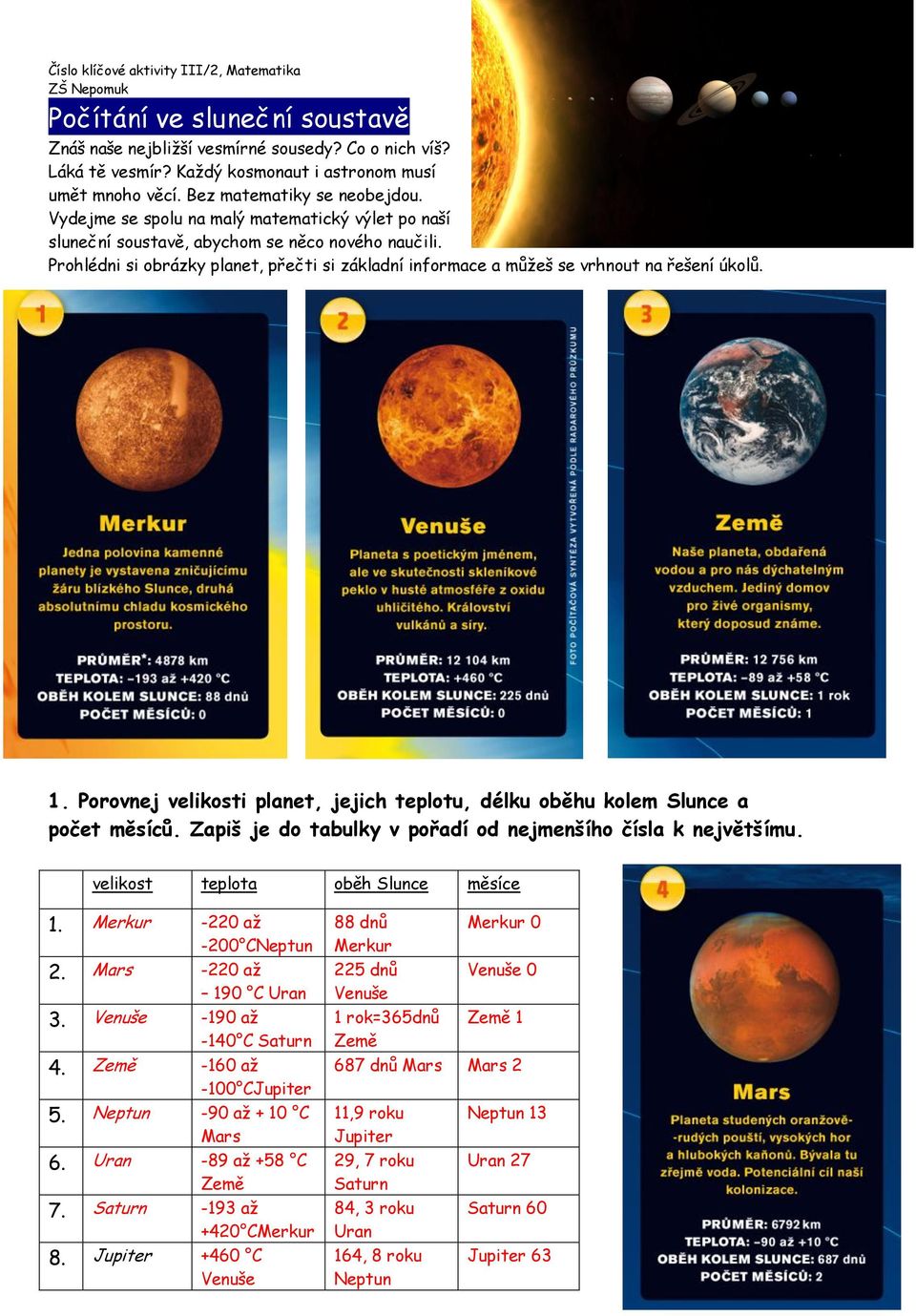 Prohlédni si obrázky planet, přečti si základní informace a můžeš se vrhnout na řešení úkolů. 1. Porovnej velikosti planet, jejich teplotu, délku oběhu kolem Slunce a počet měsíců.