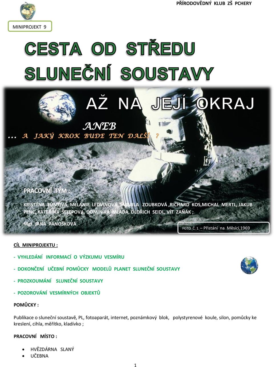 1 Přistání na Měsíci,1969 CÍL MINIPROJEKTU : - VYHLEDÁNÍ INFORMACÍ O VÝZKUMU VESMÍRU - DOKONČENÍ UČEBNÍ POMŮCKY MODELŮ PLANET SLUNEČNÍ SOUSTAVY -