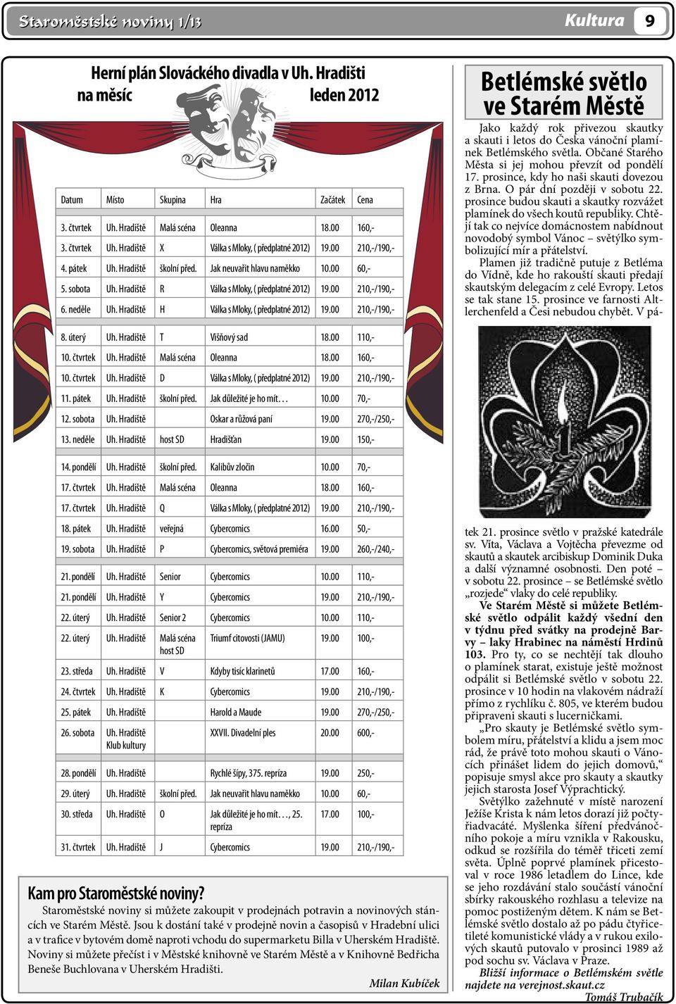 Hradiště R Válka s Mloky, ( předplatné 2012) 19.00 210,-/190,- 6. neděle Uh. Hradiště H Válka s Mloky, ( předplatné 2012) 19.00 210,-/190,- Betlémské světlo ve Starém Městě 8. úterý Uh.