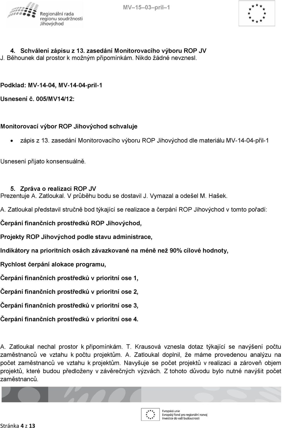 V průběhu bodu se dostavil J. Vymazal a odešel M. Hašek. A.