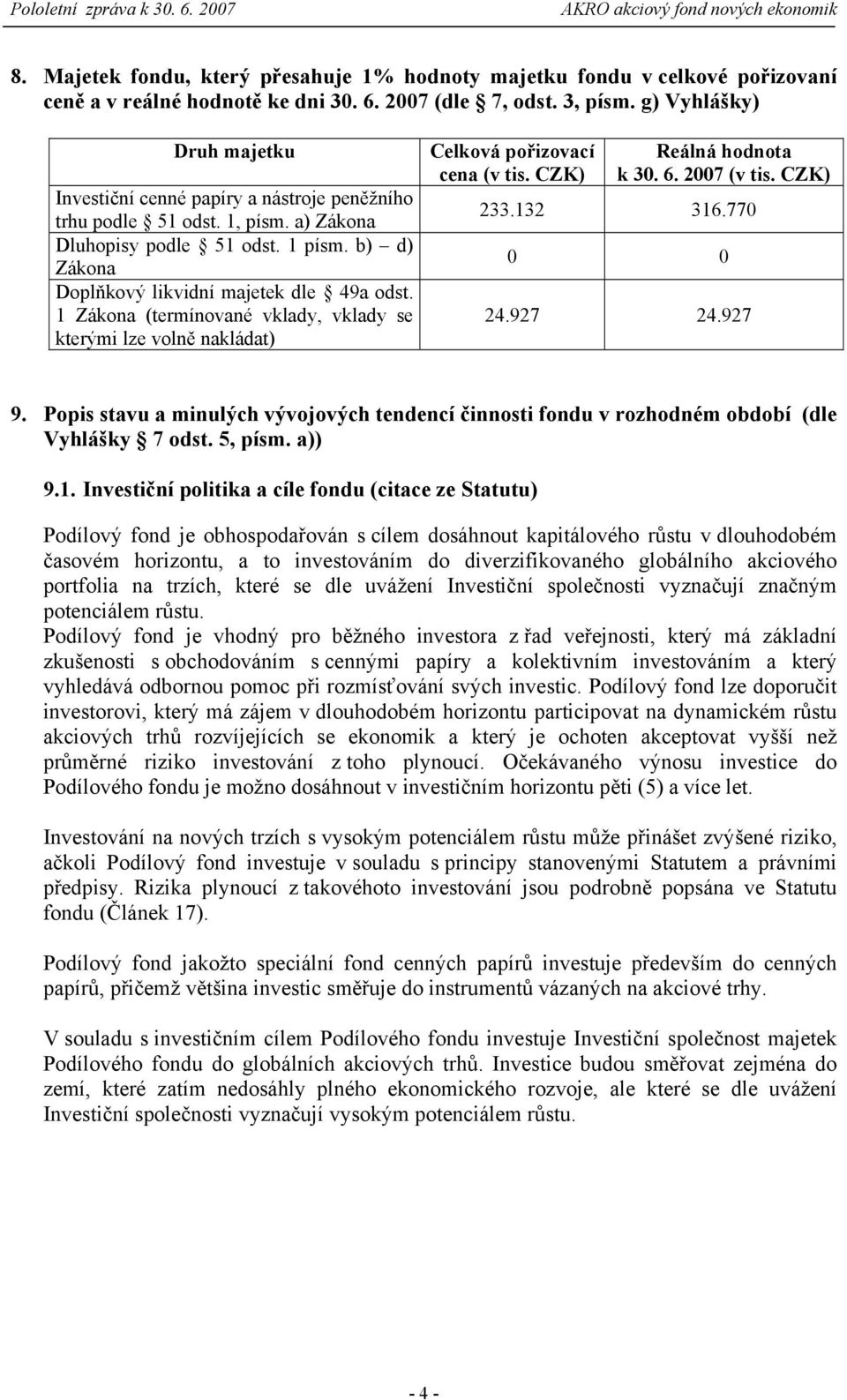 1 Zákona (termínované vklady, vklady se kterými lze volně nakládat) Celková pořizovací cena (v tis. CZK) Reálná hodnota k 30. 6. 2007 (v tis. CZK) 233.132 316.770 0 0 24.927 24.927 9.