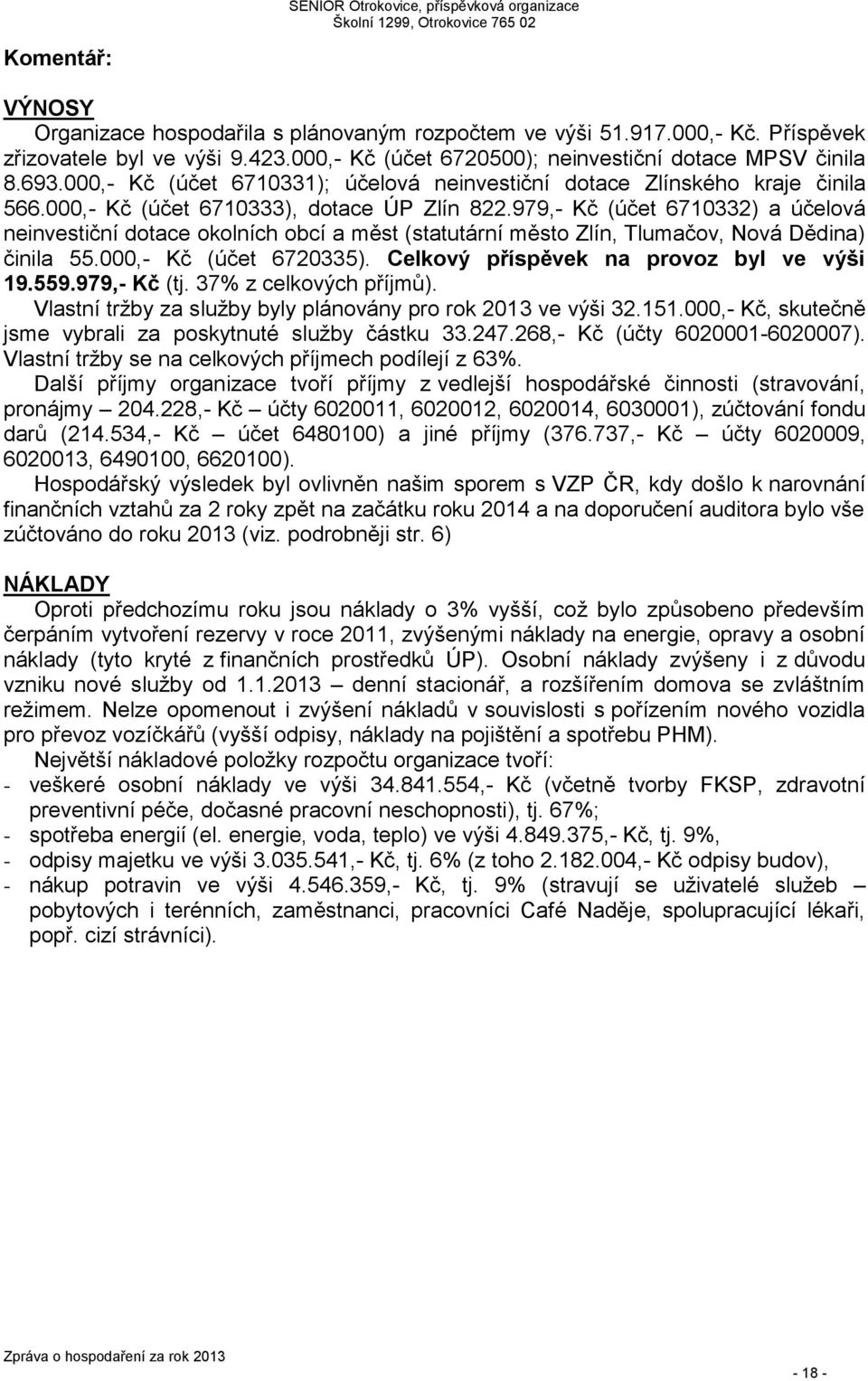 979,- Kč (účet 6710332) a účelová neinvestiční dotace okolních obcí a měst (statutární město Zlín, Tlumačov, Nová Dědina) činila 55.000,- Kč (účet 6720335). Celkový příspěvek na provoz byl ve výši 19.