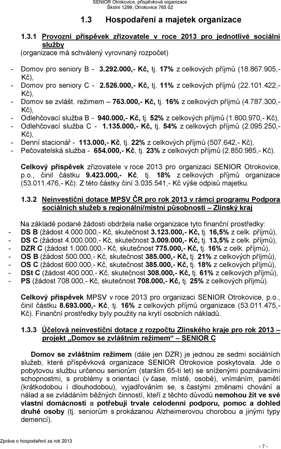 787.300,- Kč), - Odlehčovací služba B - 940.000,- Kč, tj. 52% z celkových příjmů (1.800.970,- Kč), - Odlehčovací služba C - 1.135.000,- Kč, tj. 54% z celkových příjmů (2.095.