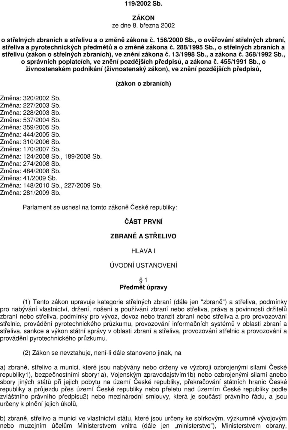 455/1991 Sb., o živnostenském podnikání (živnostenský zákon), ve znění pozdějších předpisů, Změna: 320/2002 Sb. Změna: 227/2003 Sb. Změna: 228/2003 Sb. Změna: 537/2004 Sb. Změna: 359/2005 Sb.