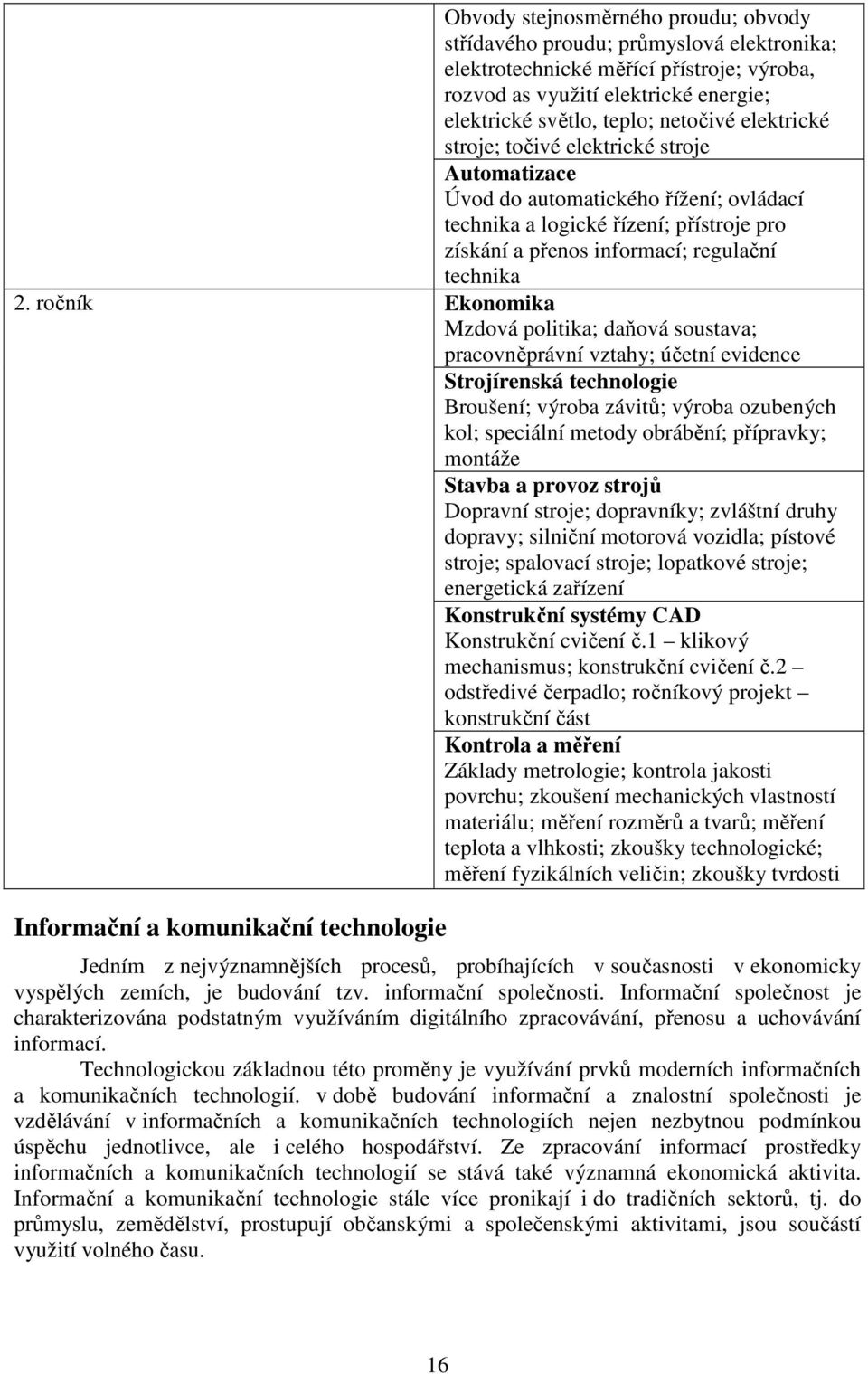 ročník Ekonomika Mzdová politika; daňová soustava; pracovněprávní vztahy; účetní evidence Strojírenská technologie Broušení; výroba závitů; výroba ozubených kol; speciální metody obrábění; přípravky;