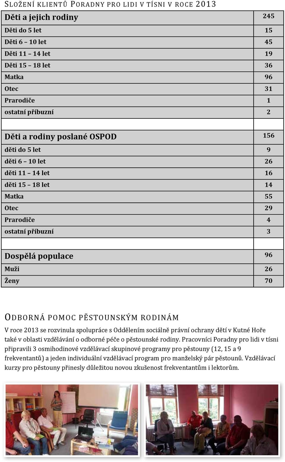 PĚSTOUNSKÝM RODINÁM V roce 2013 se rozvinula spolupráce s Oddělením sociálně právní ochrany dětí v Kutné Hoře také v oblasti vzdělávání o odborné péče o pěstounské rodiny.