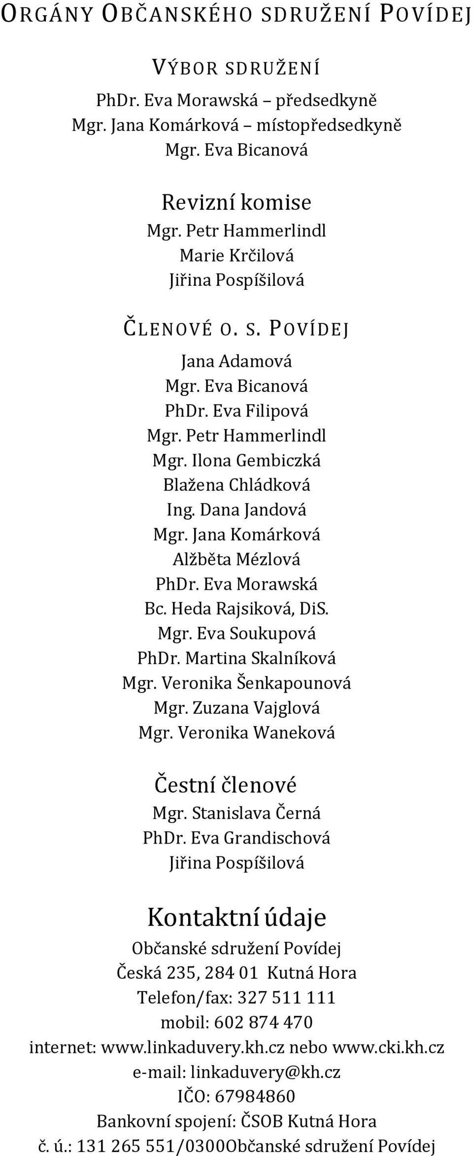 Dana Jandová Mgr. Jana Komárková Alžběta Mézlová PhDr. Eva Morawská Bc. Heda Rajsiková, DiS. Mgr. Eva Soukupová PhDr. Martina Skalníková Mgr. Veronika Šenkapounová Mgr. Zuzana Vajglová Mgr.