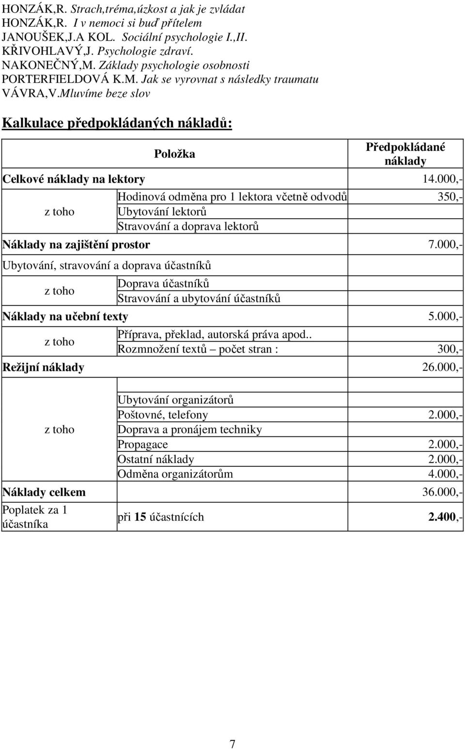 Mluvíme beze slov Kalkulace předpokládaných nákladů: Položka Předpokládané náklady Celkové náklady na lektory 14.