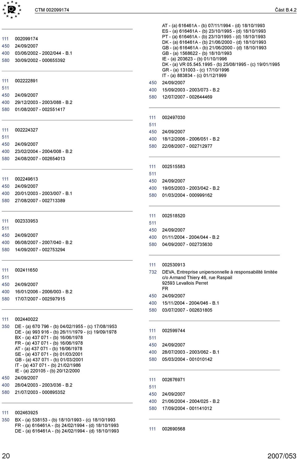 (a) 616461A (b) 21/06/2000 (d) 18/10/1993 (a) 1568622 (b) 18/10/1993 IE (a) 203623 (b) 01/10/1996 DK (a) VR 05.545.