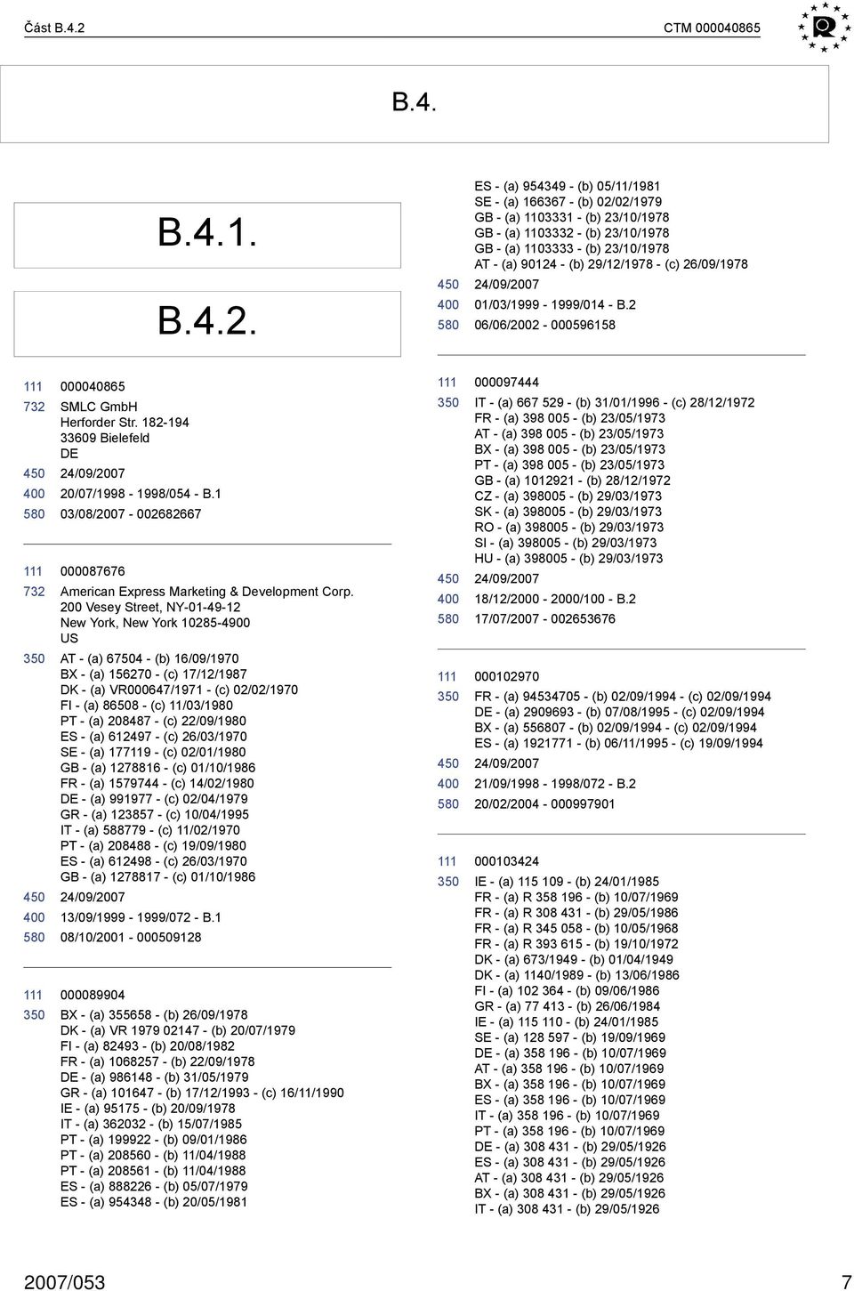 (a) 954349 (b) 05/11/1981 SE (a) 166367 (b) 02/02/1979 (a) 1103331 (b) 23/10/1978 (a) 1103332 (b) 23/10/1978 (a) 1103333 (b) 23/10/1978 AT (a) 90124 (b) 29/12/1978 (c) 26/09/1978 01/03/1999 1999/014